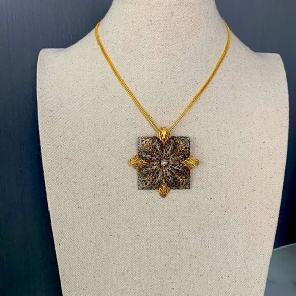 Vintage Filigree Pendant Openwork Necklace on Gokd Tone Sterling Silver Chain - Picture 2 of 7